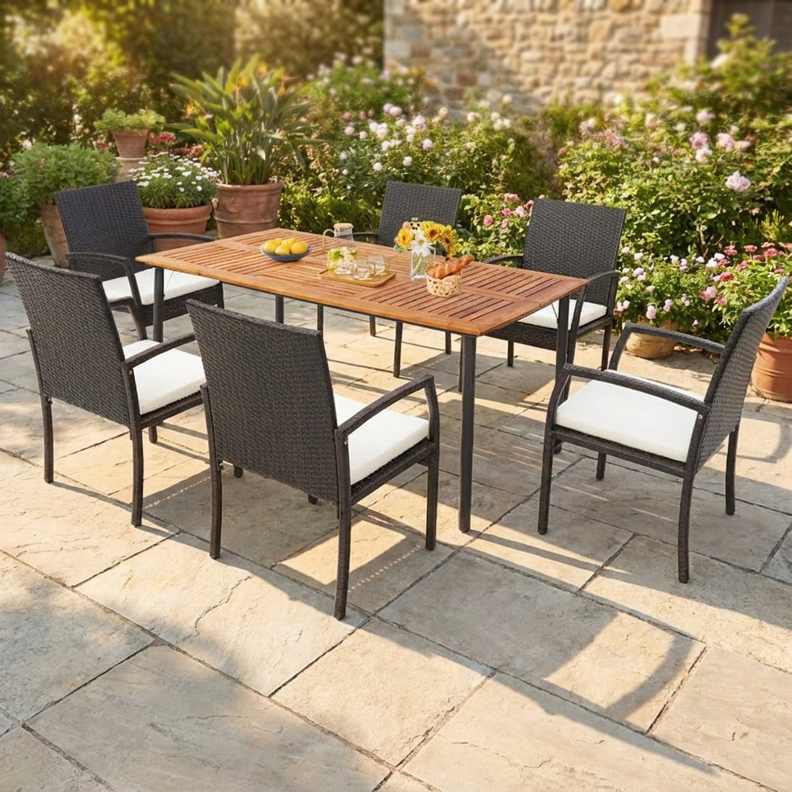 Biotree 63-Inch Patio Acacia Wood Dining Table with Umbrella Hole and Metal Legs, Black