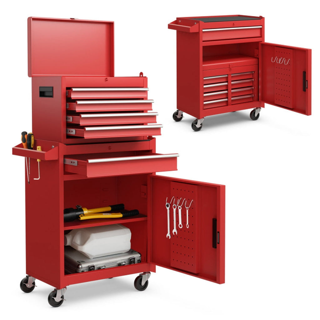 Biotree 2-in-1 Tool Chest and Cabinet with 5 Sliding Drawers Outdoor Waterproof for Patio Deck Garden Cushions, Red