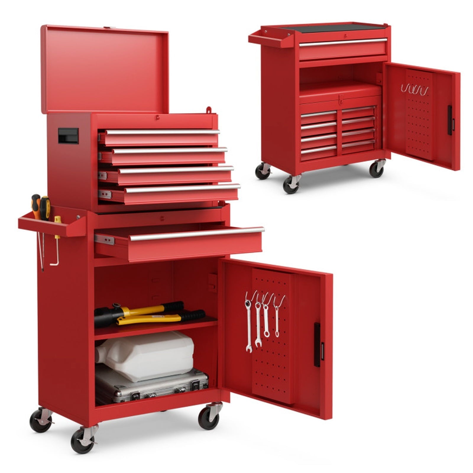 Biotree 2-in-1 Tool Chest and Cabinet with 5 Sliding Drawers Outdoor Waterproof for Patio Deck Garden Cushions, Red
