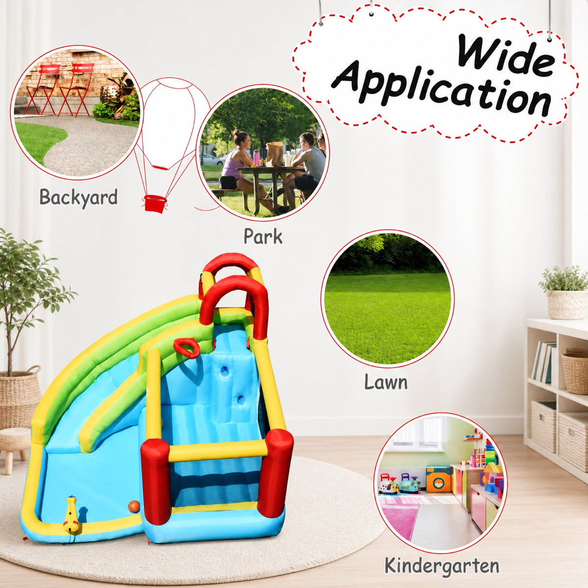 Biotree 6-in-1 Inflatable Bounce House with Water Slide, Climbing Wall, Splash Pool and Basketball Hoop for Backyard, Multicolor