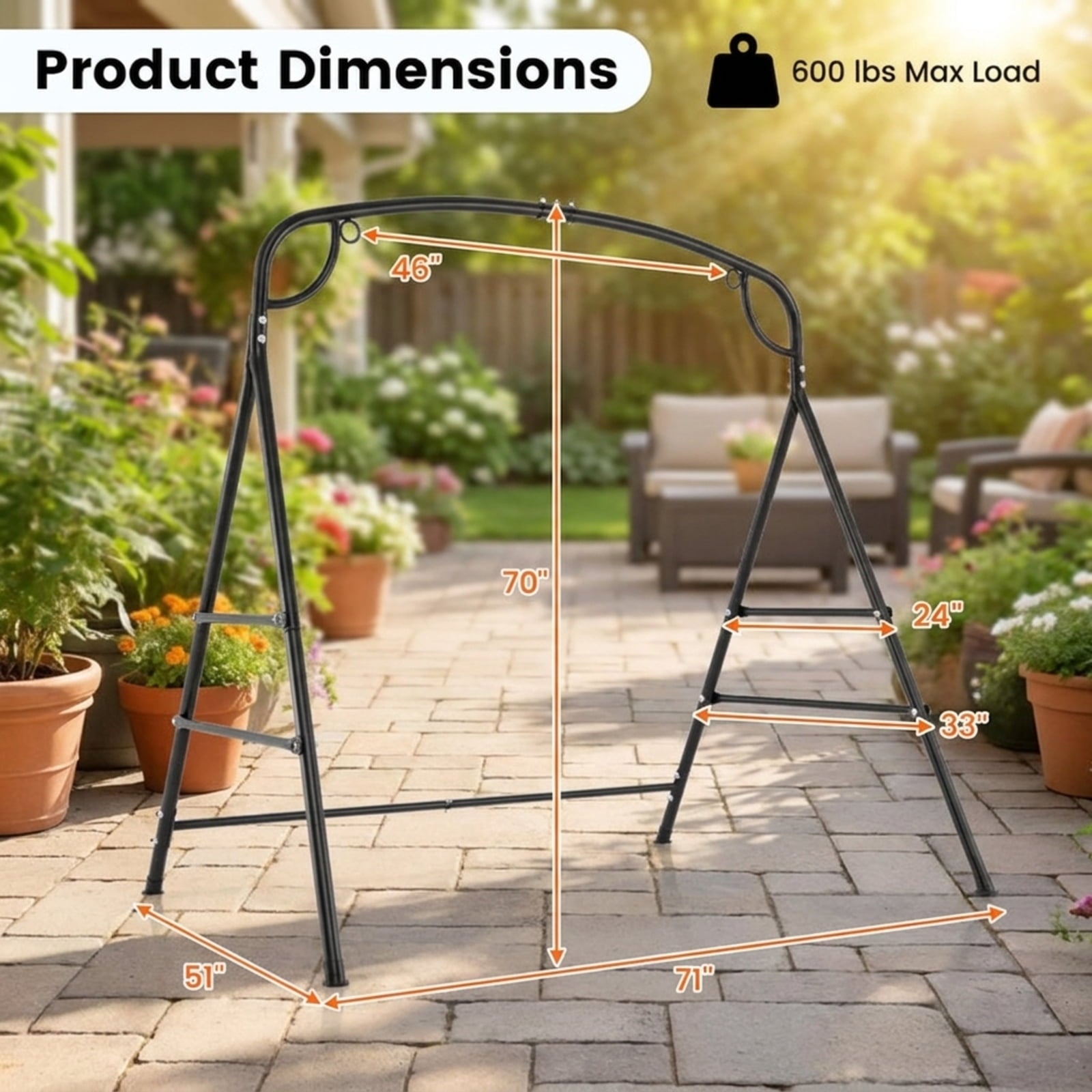 Biotree Outdoor Metal Swing Stand with 4 Support Bars and 2 Hanging Ways for Patio Porch Garden Backyard Outdoor, Black
