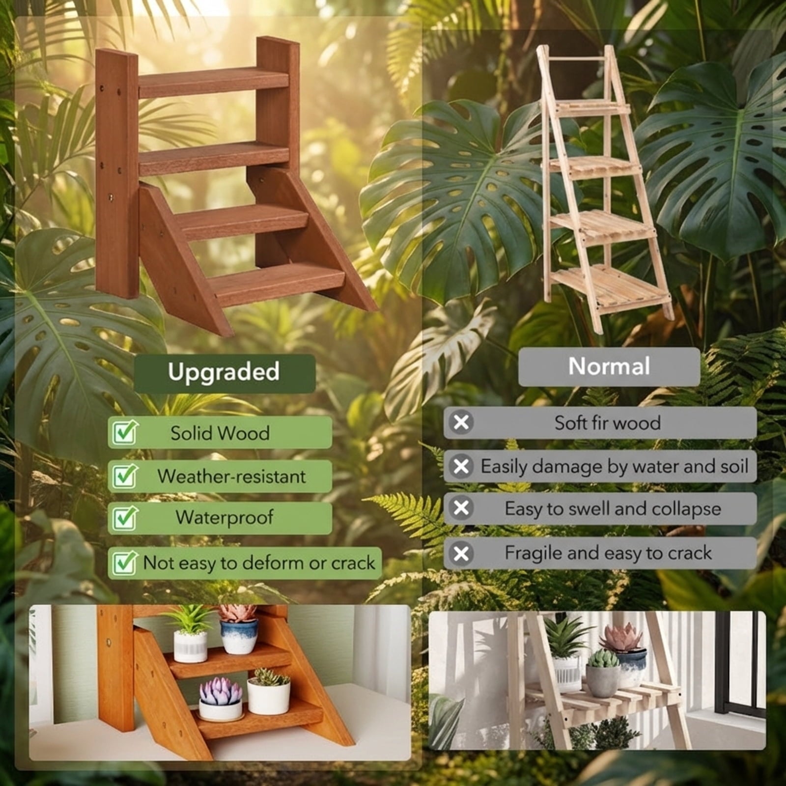 Biotree 4-Tier Solid Wood Plant Stand, Ladder Flower Shelf for Succulents and Small Pots, Waterproof Teak Oil Finish, Compact Indoor Outdoor Display Rack for Window Sill, Desktop and Balcony, Natural