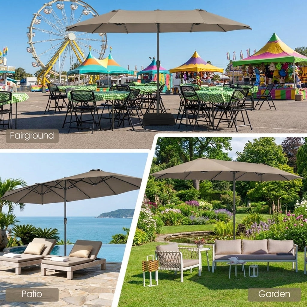 Biotree 15 ft Double-Sided Twin Patio Umbrella Crank Tilt Outdoor Shade - Brown - UV Protection with Cross Base