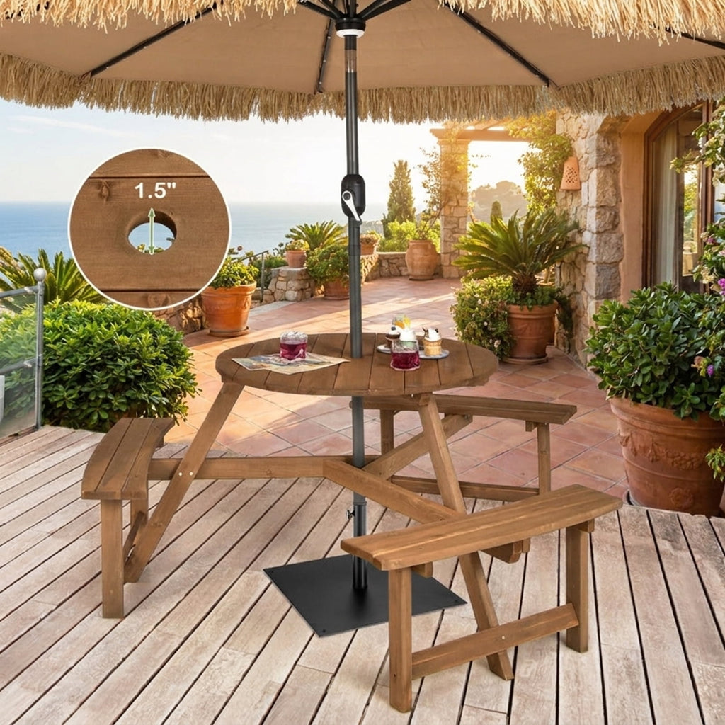 Biotree 65-Inch 6-person Round Wooden Picnic Table with Umbrella Hole and 3 Built-in Benches, Tan