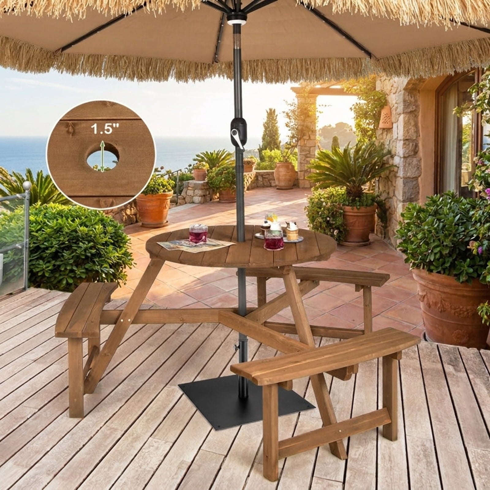 Biotree 65-Inch 6-person Round Wooden Picnic Table with Umbrella Hole and 3 Built-in Benches, Tan