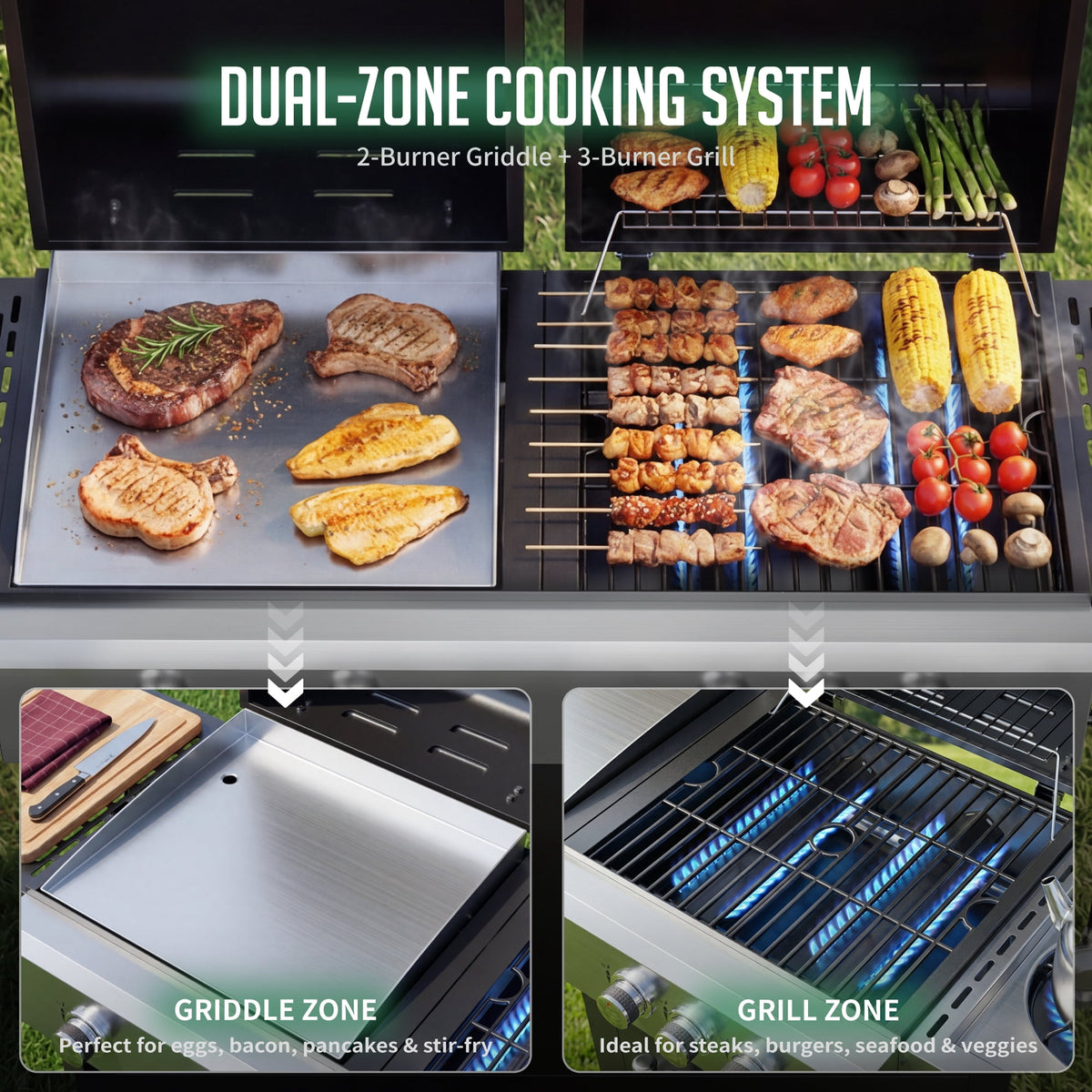 Biotree 5-Burner Propane Gas Grill and Griddle Combo, 54,000 BTU Dual Fuel BBQ Grill with Side Burner for Backyard, Patio Outdoor Cooking & Entertaining
