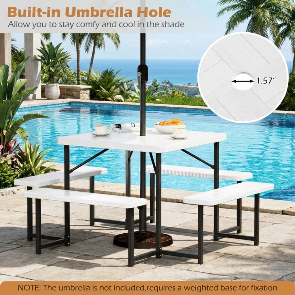 Biotree 63-Inch Outdoor Square Picnic Table Bench Set for 4-8 People with Umbrella Hole, White