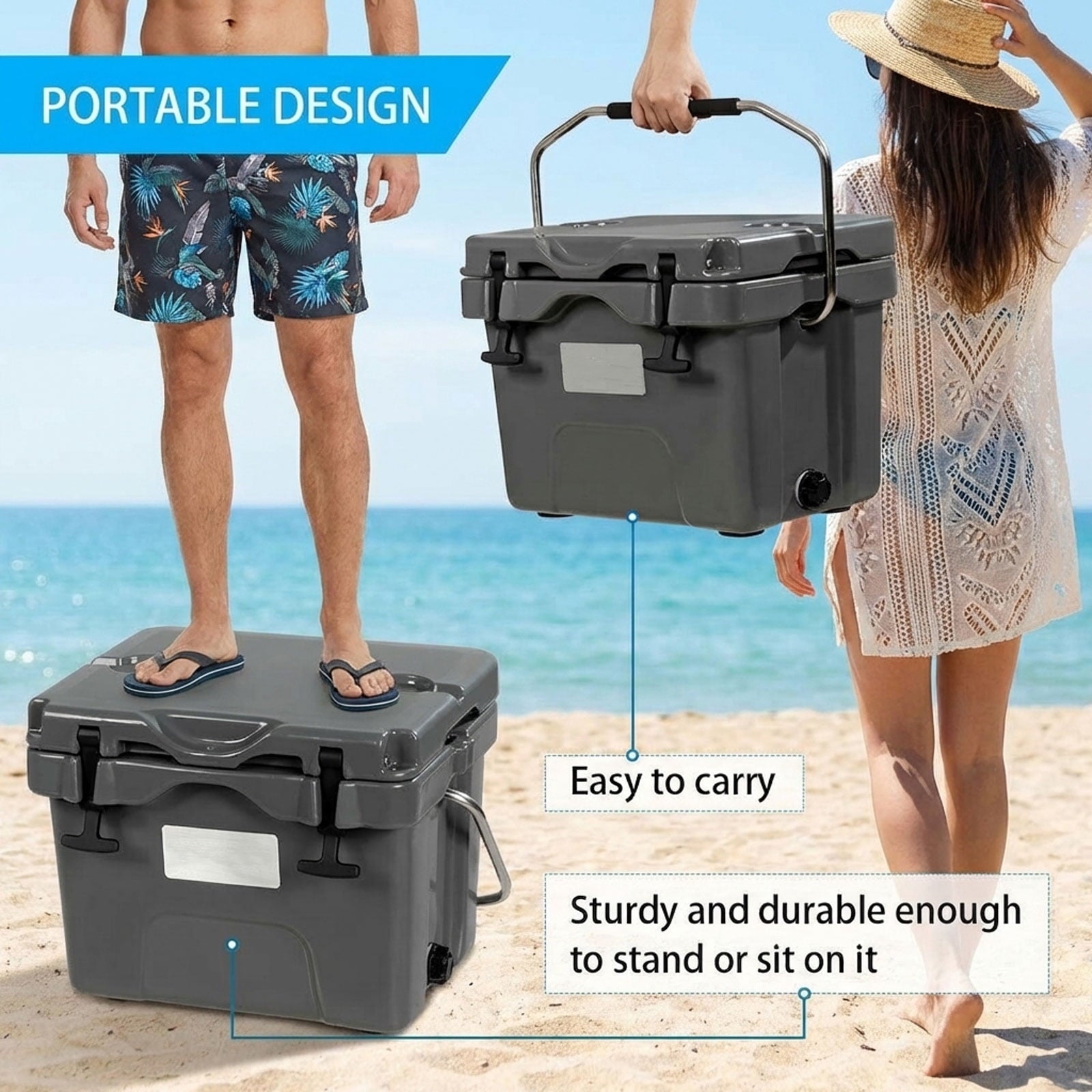 Biotree 16 Quart 24 Can Capacity Portable Insulated Ice Cooler with 2 Cup Holders, Gray