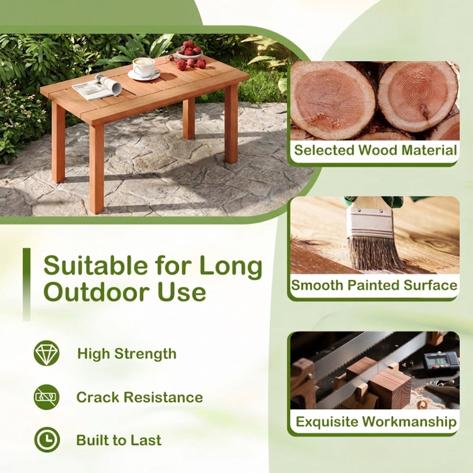 Biotree Patio Coffee Table with Slatted Tabletop for Deck Poolside, Natural