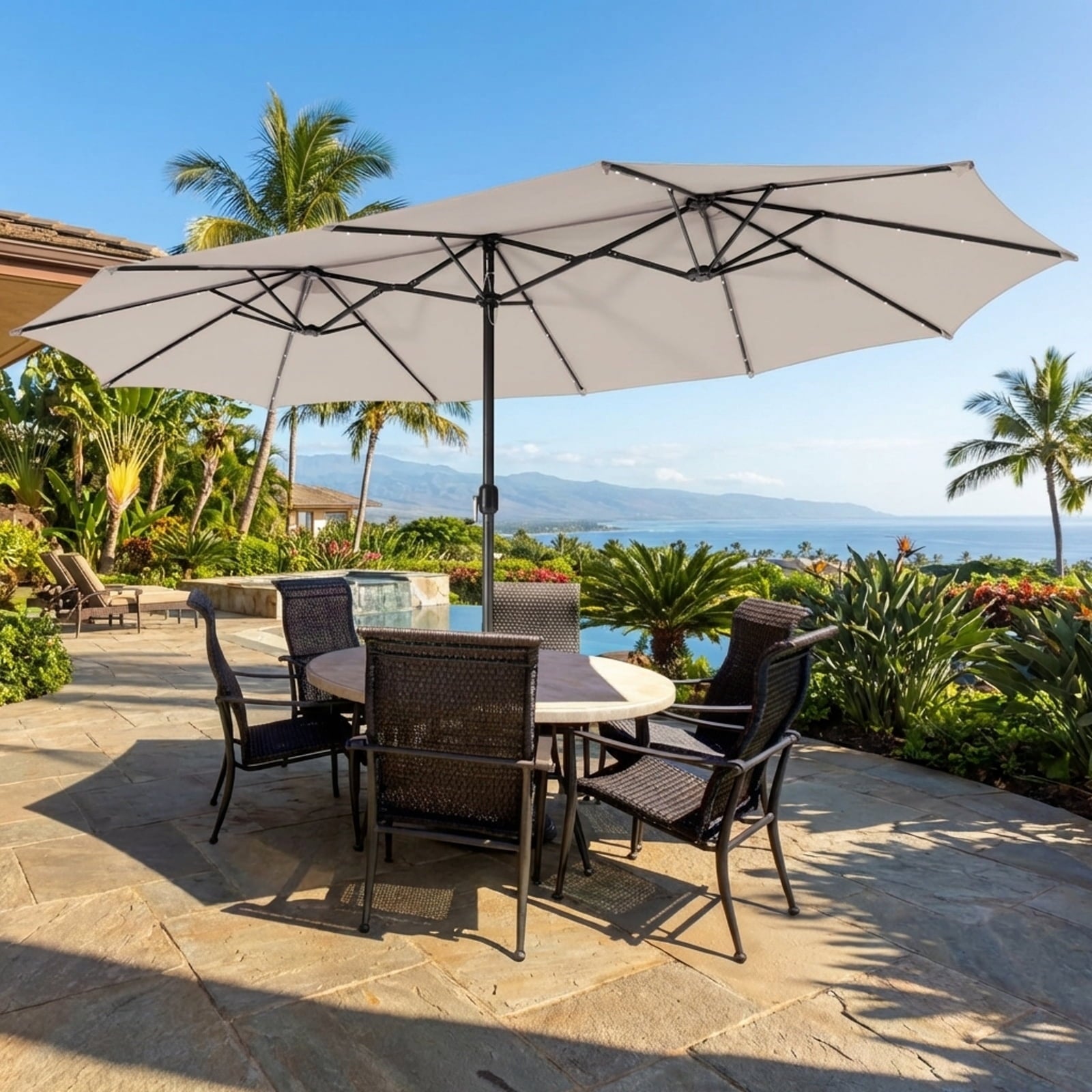 Biotree 15 Feet Twin Patio Umbrella with 48 Solar LED Lights-Beige Beige/Light Brown/Orange/Dark Red/Gray/Turquoise