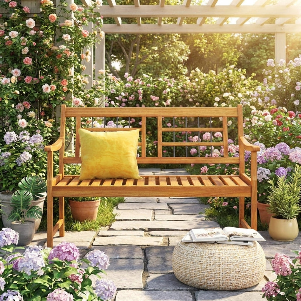Biotree Patio Acacia Wood Bench with Curved Armrests Slatted Seat and Backrest Stackable Patio Chair for Garden BackyardNatural