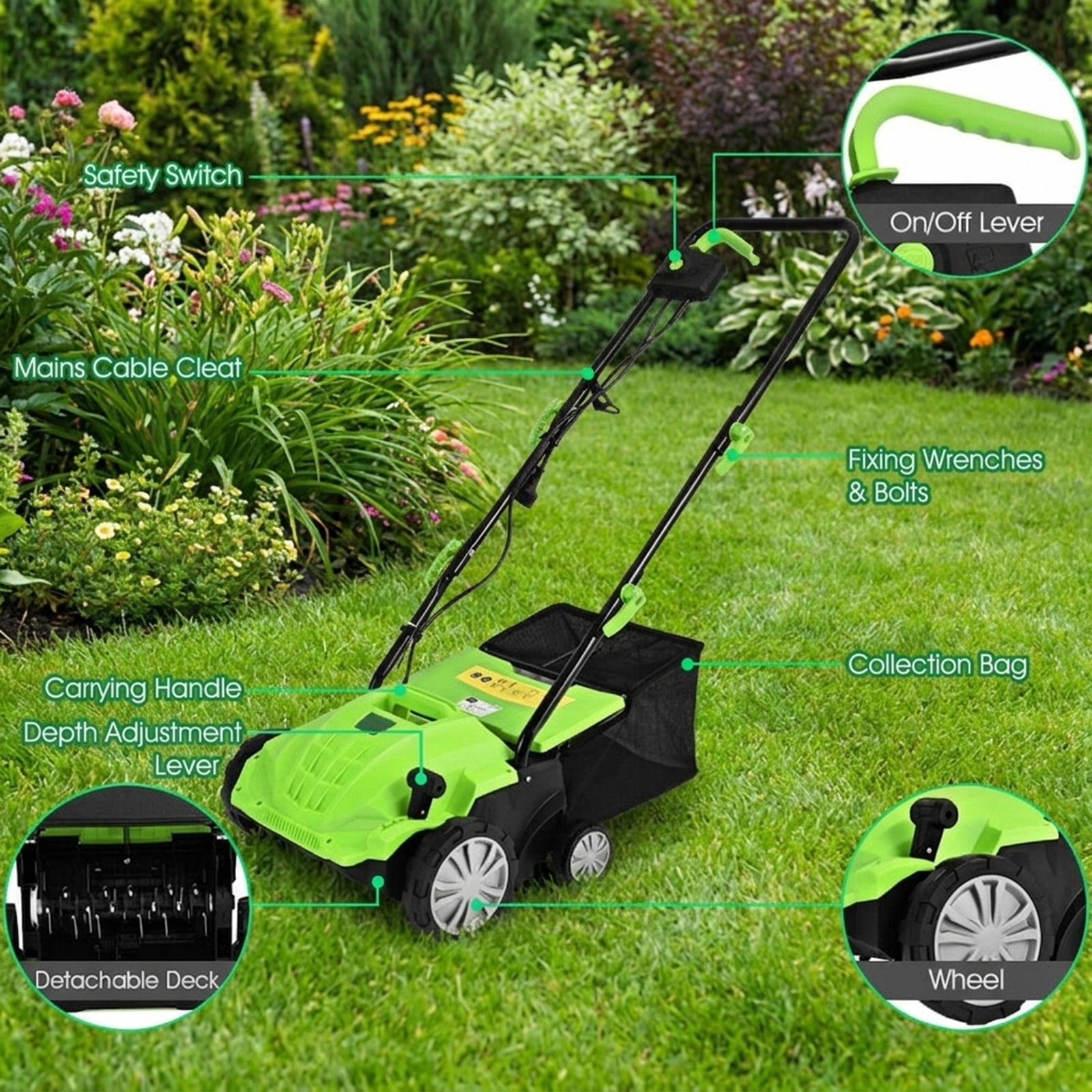 Biotree 13 Inch 12 Amp Electric Scarifier with Collection Bag and Removable Blades for Lawn Garden Yard Soil Care, Green