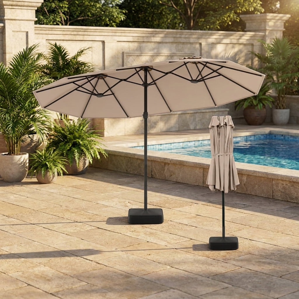 Biotree 15 ft Double-Sided Twin Patio Umbrella Crank Tilt Outdoor Shade - Brown - UV Protection with Cross Base