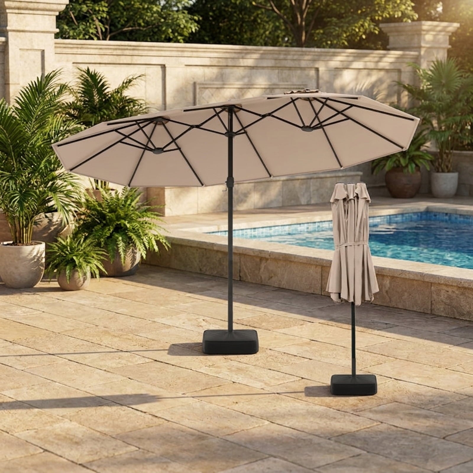 Biotree 15 ft Double-Sided Twin Patio Umbrella Crank Tilt Outdoor Shade - Brown - UV Protection with Cross Base