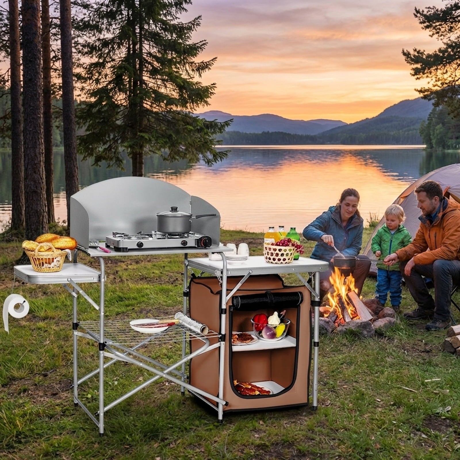 Biotree Foldable Outdoor BBQ Portable Grilling Table with Windscreen and Carry Bag Camping Grill Table for Cooking, Silver