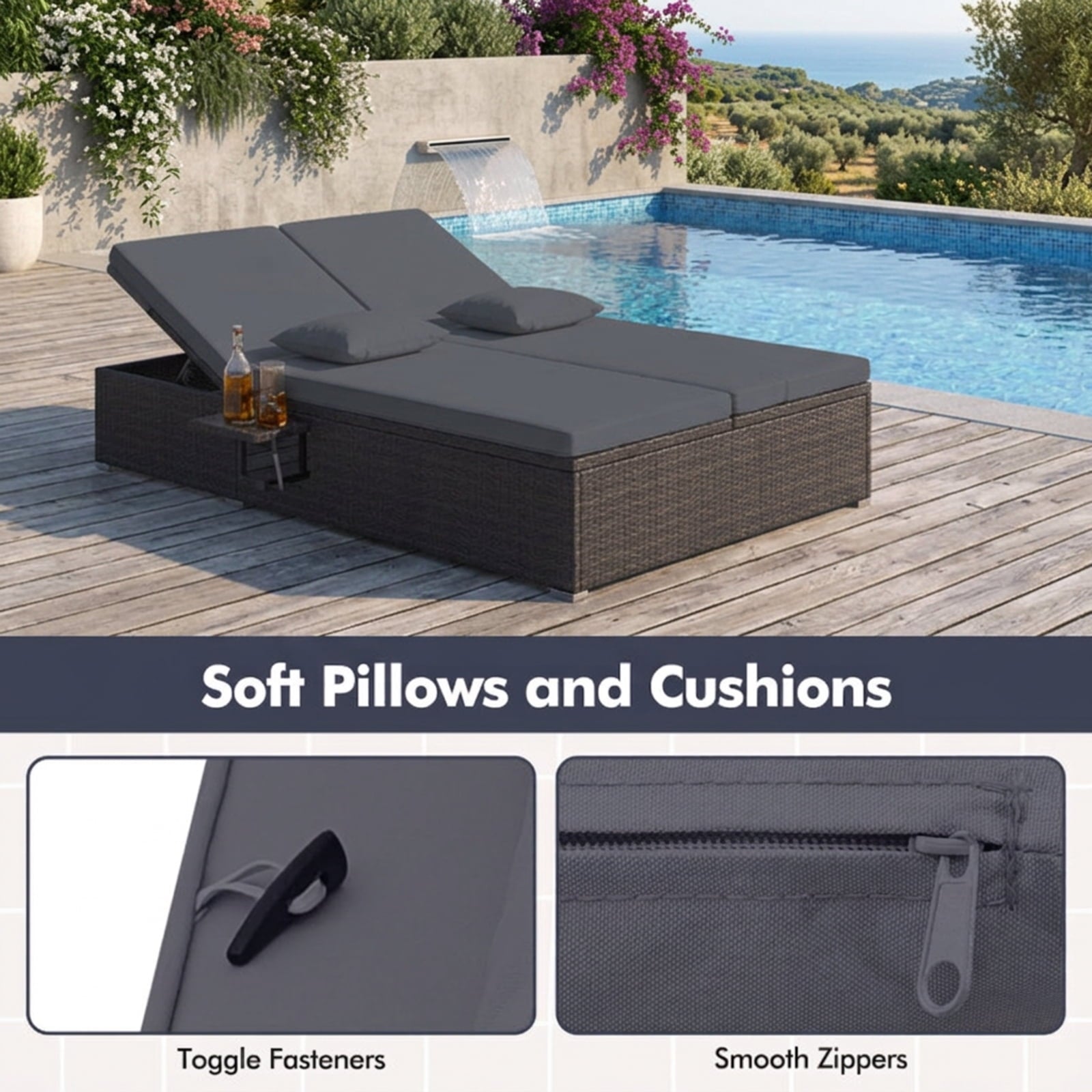 Biotree Patio Double Chaise Lounge with Cushions and Folding Side Trays Stackable Patio Chair for Garden BackyardGray