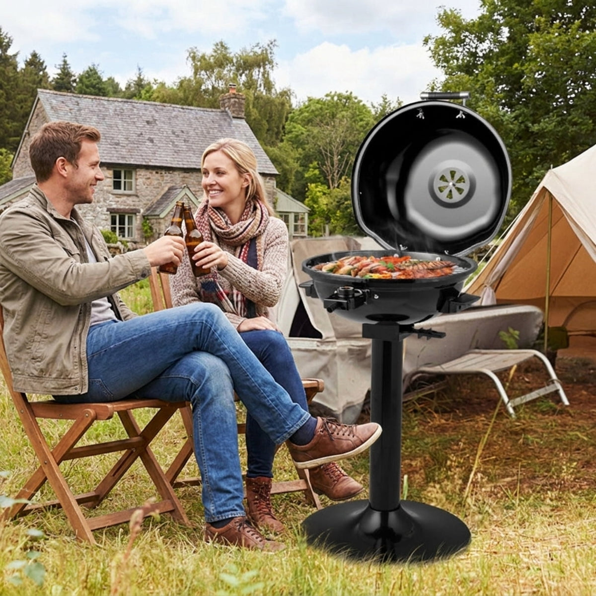 Biotree 1600W Portable Electric BBQ Grill with Temperature Control Grease Collector, Smokeless Tabletop BBQ Cooker for Backyard Patio Camping Black