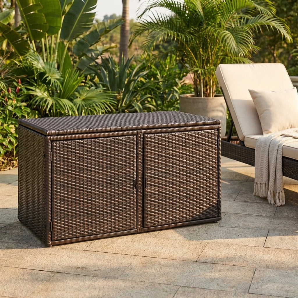 Biotree 88 Gallon Garden Patio Rattan Storage Container Box Outdoor Waterproof for Patio Deck Garden Cushions, Brown