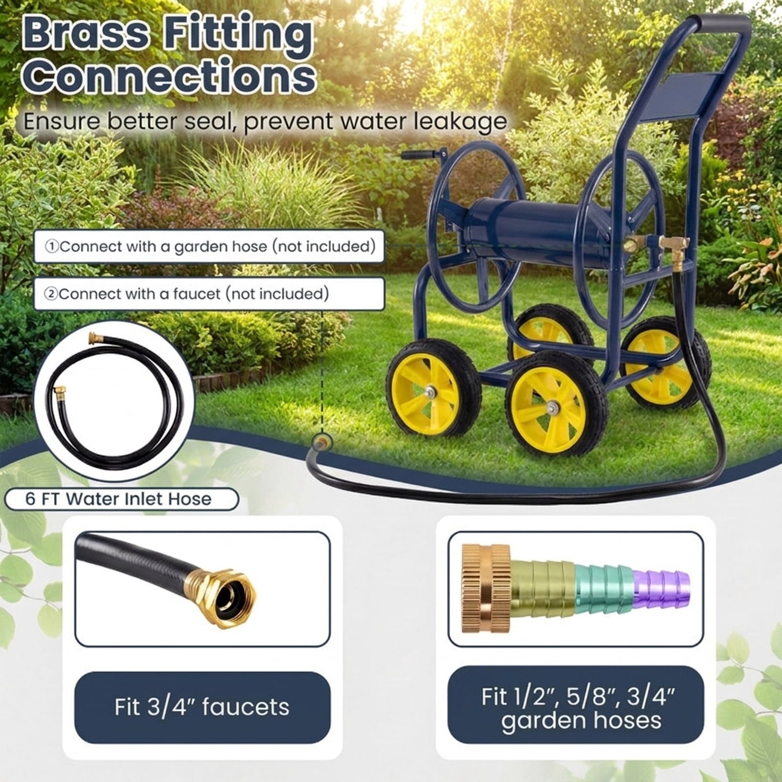 Biotree Garden Hose Reel Cart 4 Wheels Heavy-Duty Metal Water Hose Organizer Portable for Garden Yard Lawn Watering Outdoor, Blue