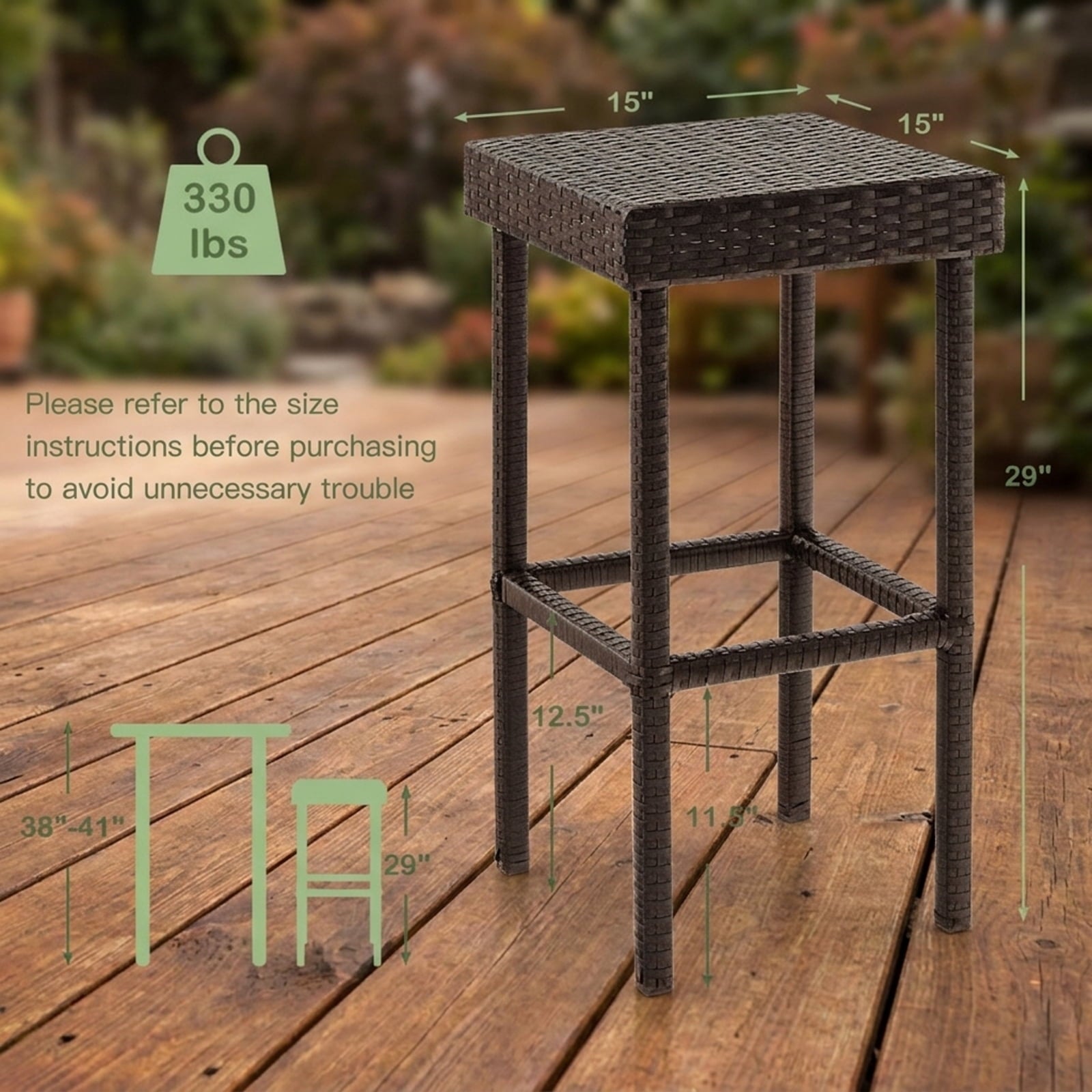 Biotree Set of 2 Patio Rattan Backless Bar Stool Chairs, Brown - Outdoor Patio Bar Height Chair with Footrest