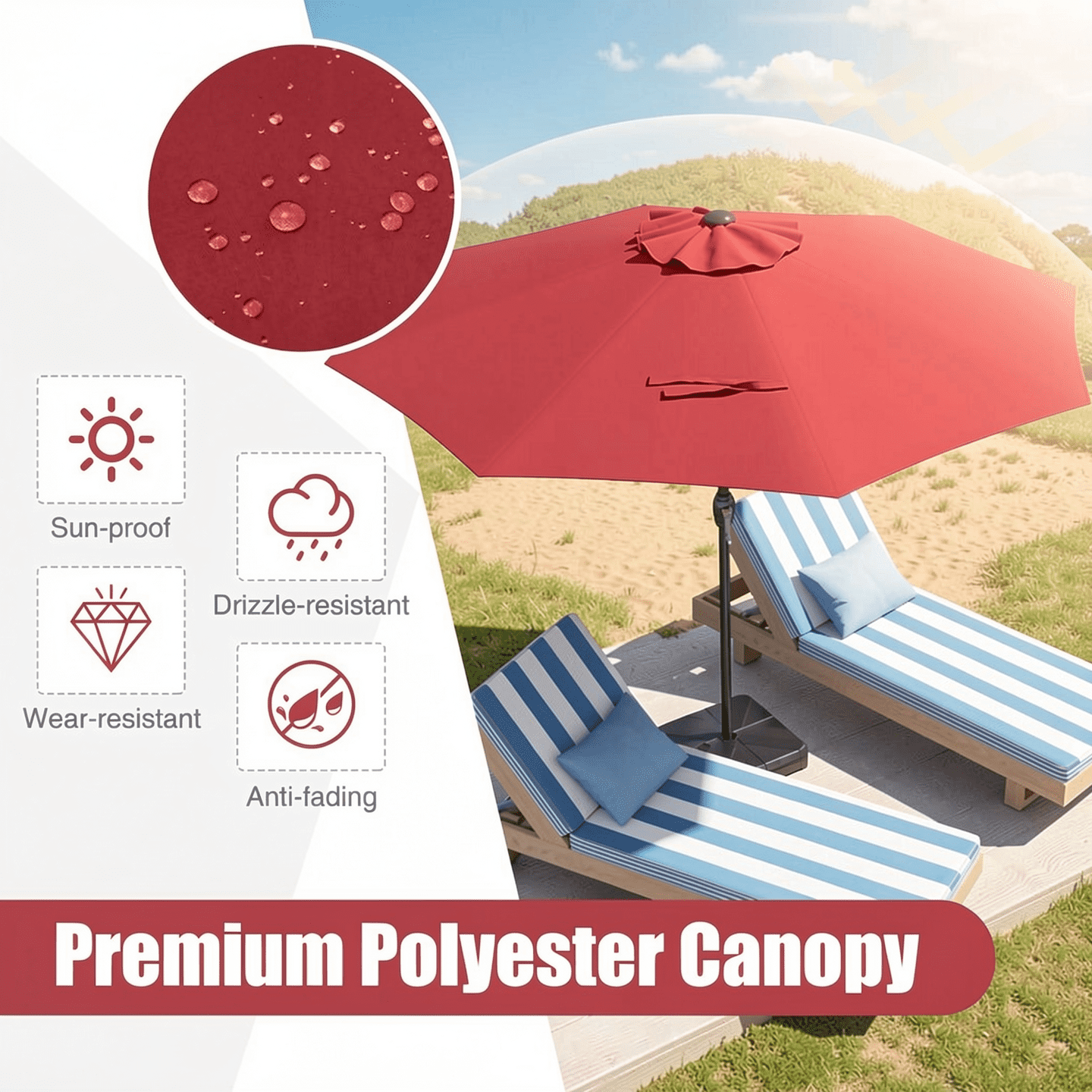 Biotree Outdoor Heavy Duty Market Umbrella with Crank Handle and 8 Sturdy Ribs-Red Walnut - Outdoor Patio Garden Sun Shade