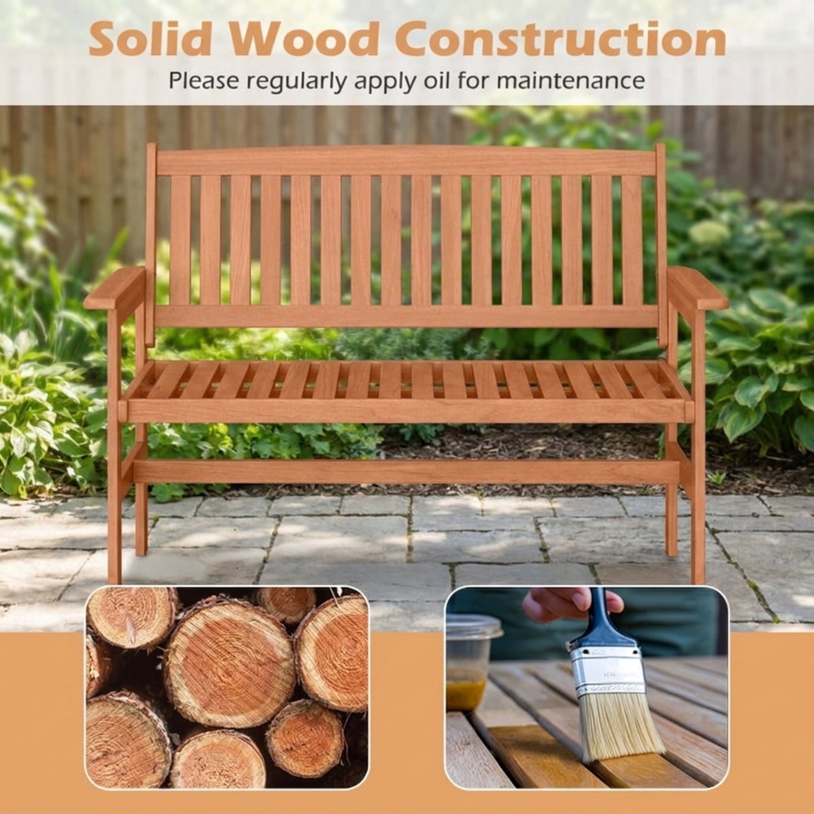 Biotree 2-Person Patio Loveseat with Slatted Backrest and Comfortable Armrests Stackable Patio Chair for Garden BackyardNatural