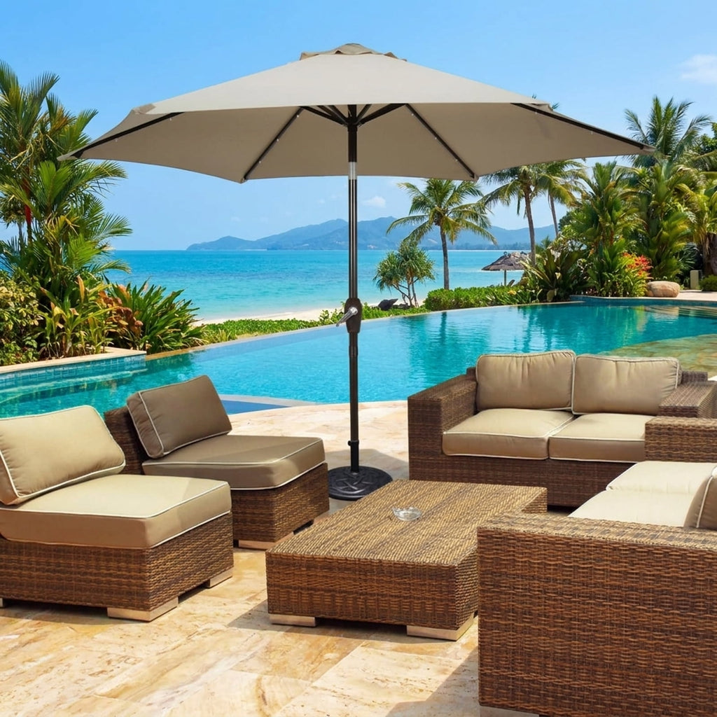 Biotree 9 ft Solar LED Market Patio Umbrella with Crank and Tilt, 6 Sturdy Ribs, Vented Canopy - Tan