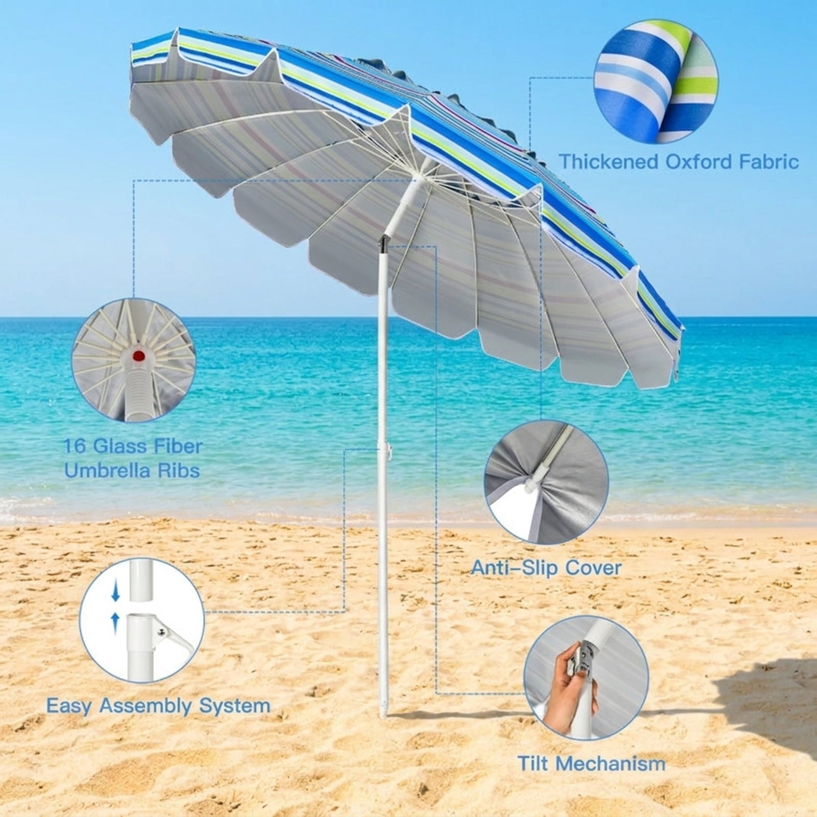 Biotree 8.0 ft Portable Beach Umbrella with Carrying Bag, 16 Ribs, Sand Tilt Mechanism - Blue for Backyard