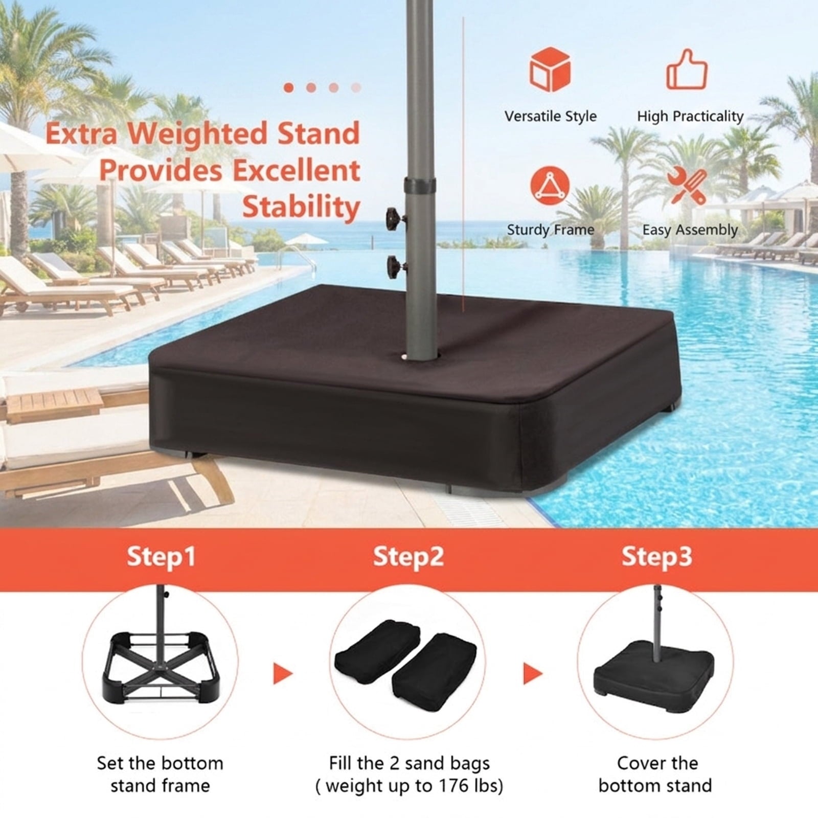 Biotree 15 ft Double-Sided Twin Patio Umbrella 48 LED Lights Outdoor Shade - Orange - UV Protection with Cross Base