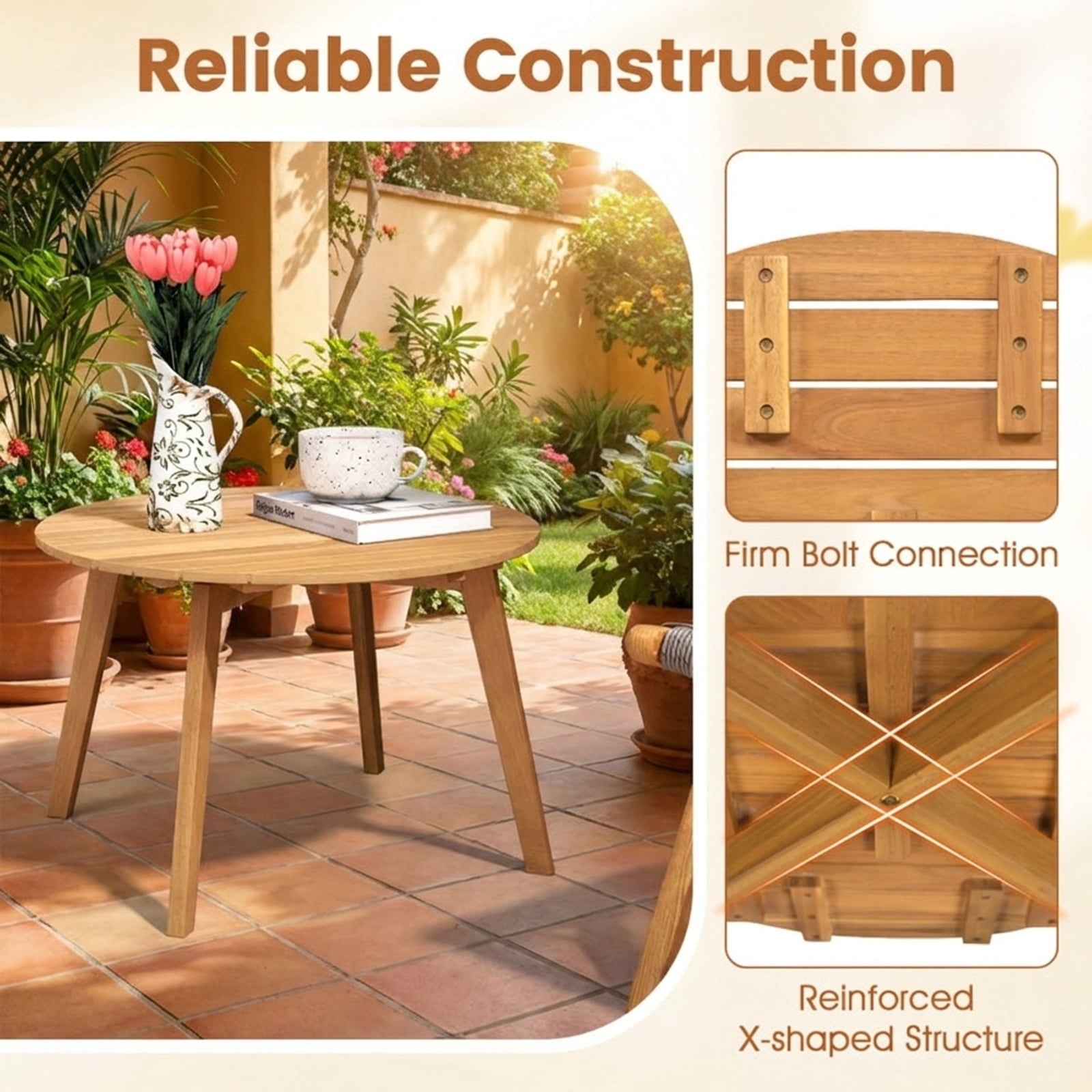 Biotree Round Outdoor Acacia Wood Side Table with Slatted Tabletop, Natural