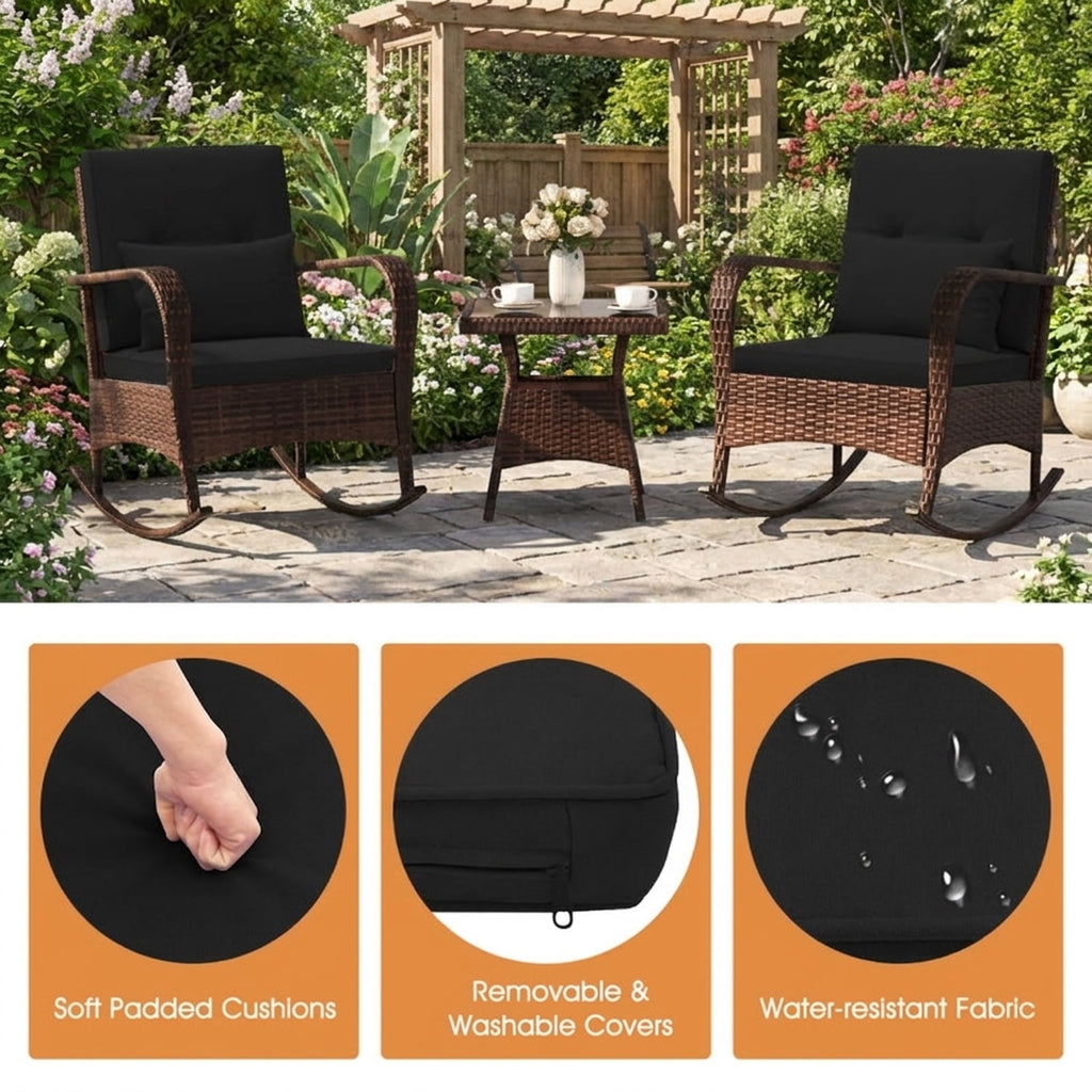 Biotree 3 Pieces Outdoor Rocking Set with Tempered Glass Coffee Table for Backyard Poolside Outdoor Conversation Set for Garden Backyard PorchBlack