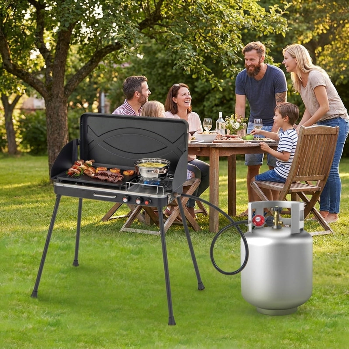 Biotree 2-in-1 Portable Gas Camping Grill and Stove, 20,000 BTU Propane Tabletop BBQ Grill, Foldable Camp Stove with Detachable Legs for Camping Picnic Backyard Black