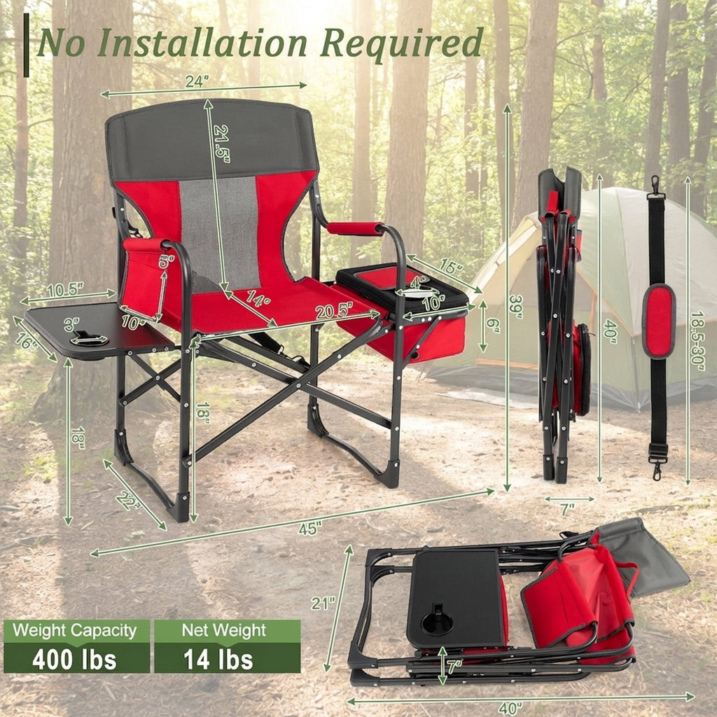 Biotree Folding Directors Camping Chair with Cooler Bag and Side Table Heavy Duty 400 lb Capacity Portable Outdoor Chair, Red