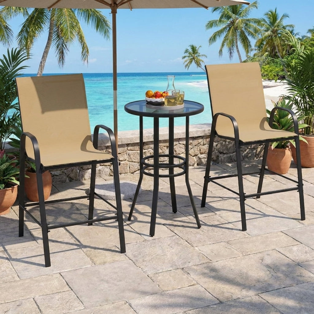Biotree Set of 2 Outdoor Bar Stools 29-Inch Fabric Patio Bar Chairs with Armrests Inclined Backrest, Beige