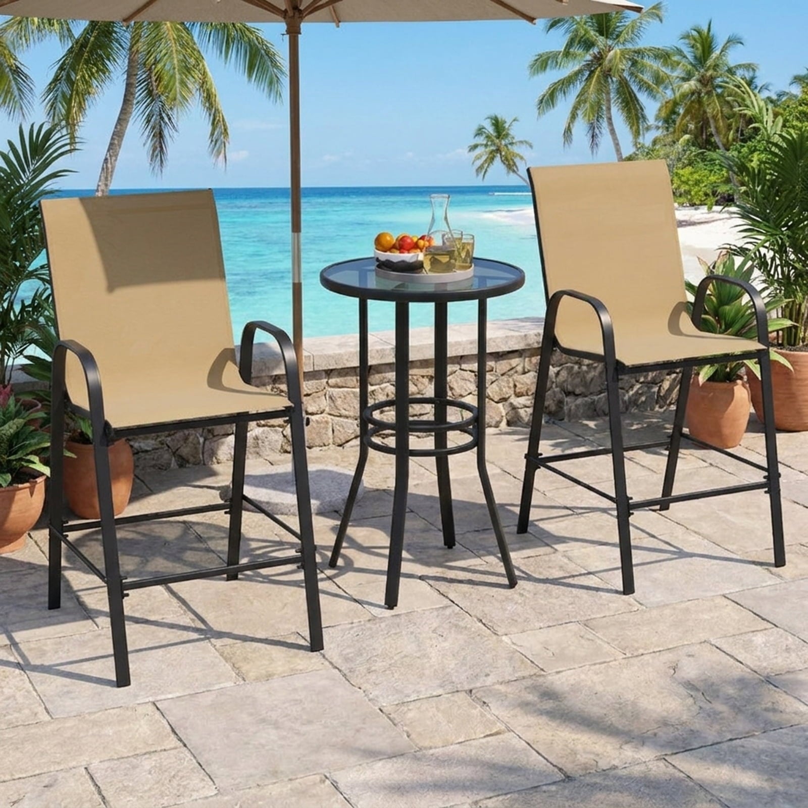 Biotree Set of 2 Outdoor Bar Stools 29-Inch Fabric Patio Bar Chairs with Armrests Inclined Backrest, Beige