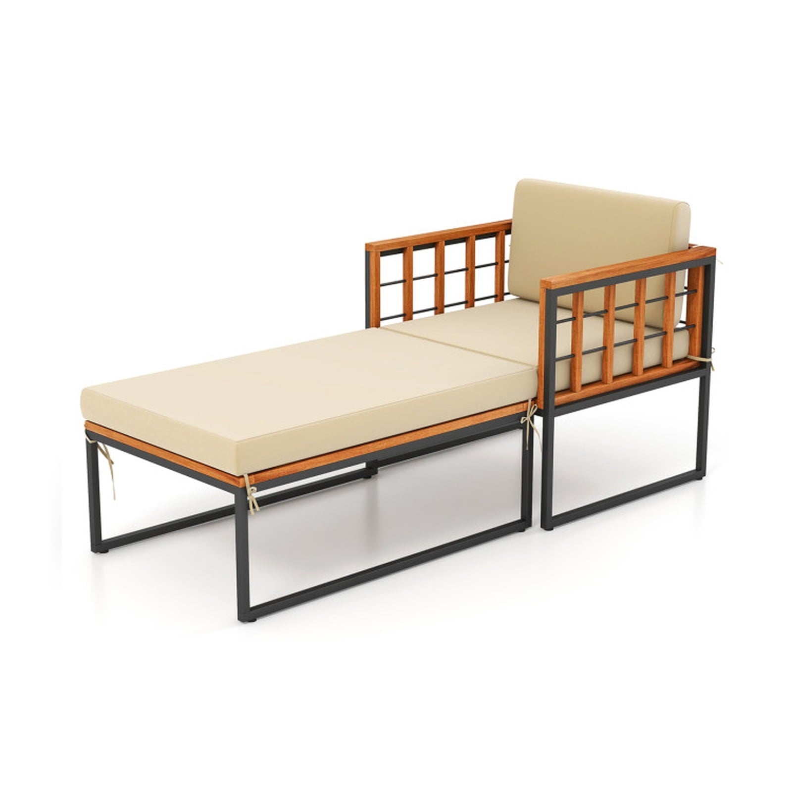 Biotree Patio Acacia Wood Armchair with Long Ottoman and Seat Back Cushions Stackable Patio Chair for Garden BackyardBrown