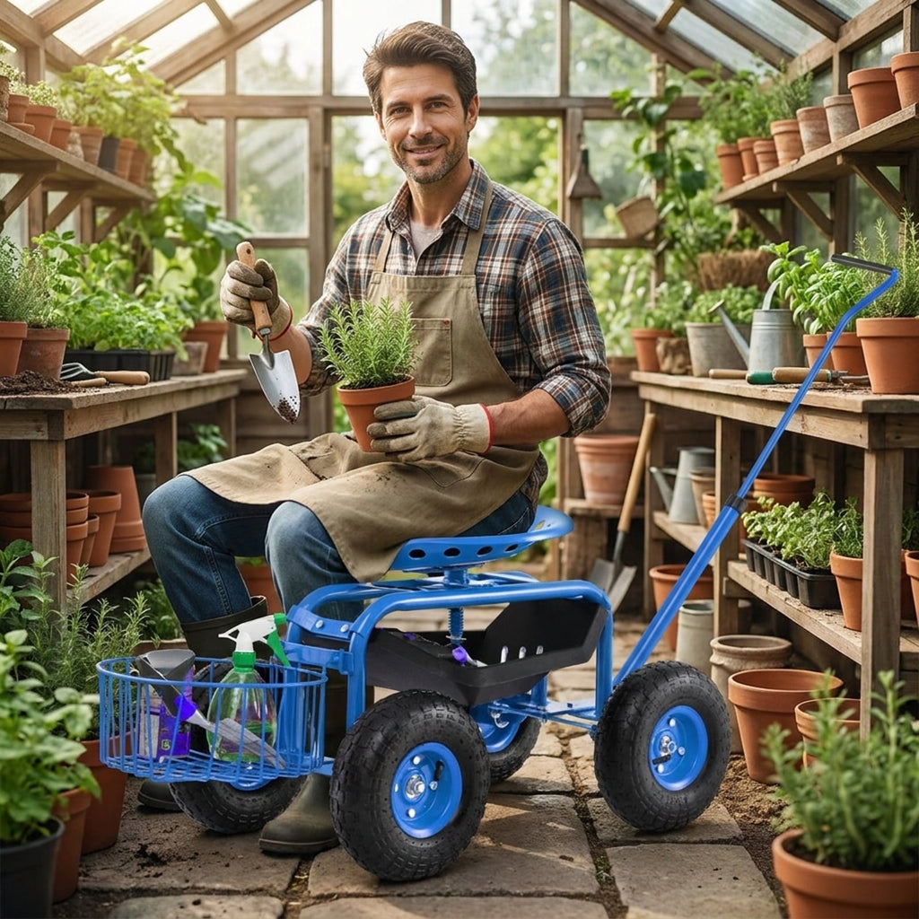 Biotree Extendable Handle Garden Cart Rolling Wagon Scooter for Garden Yard Lawn Work Outdoor, Blue