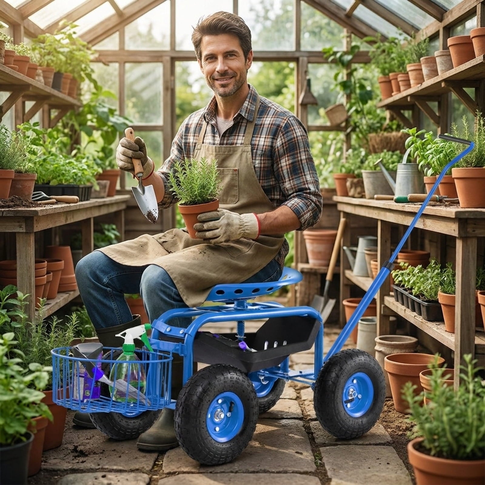 Biotree Extendable Handle Garden Cart Rolling Wagon Scooter for Garden Yard Lawn Work Outdoor, Blue