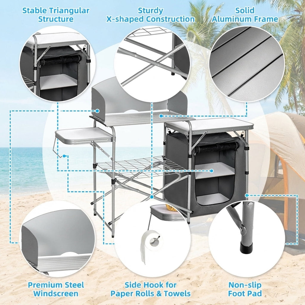 Biotree Foldable Outdoor BBQ Portable Grilling Table with Windscreen and Carry Bag Camping Grill Table for Cooking, Gray