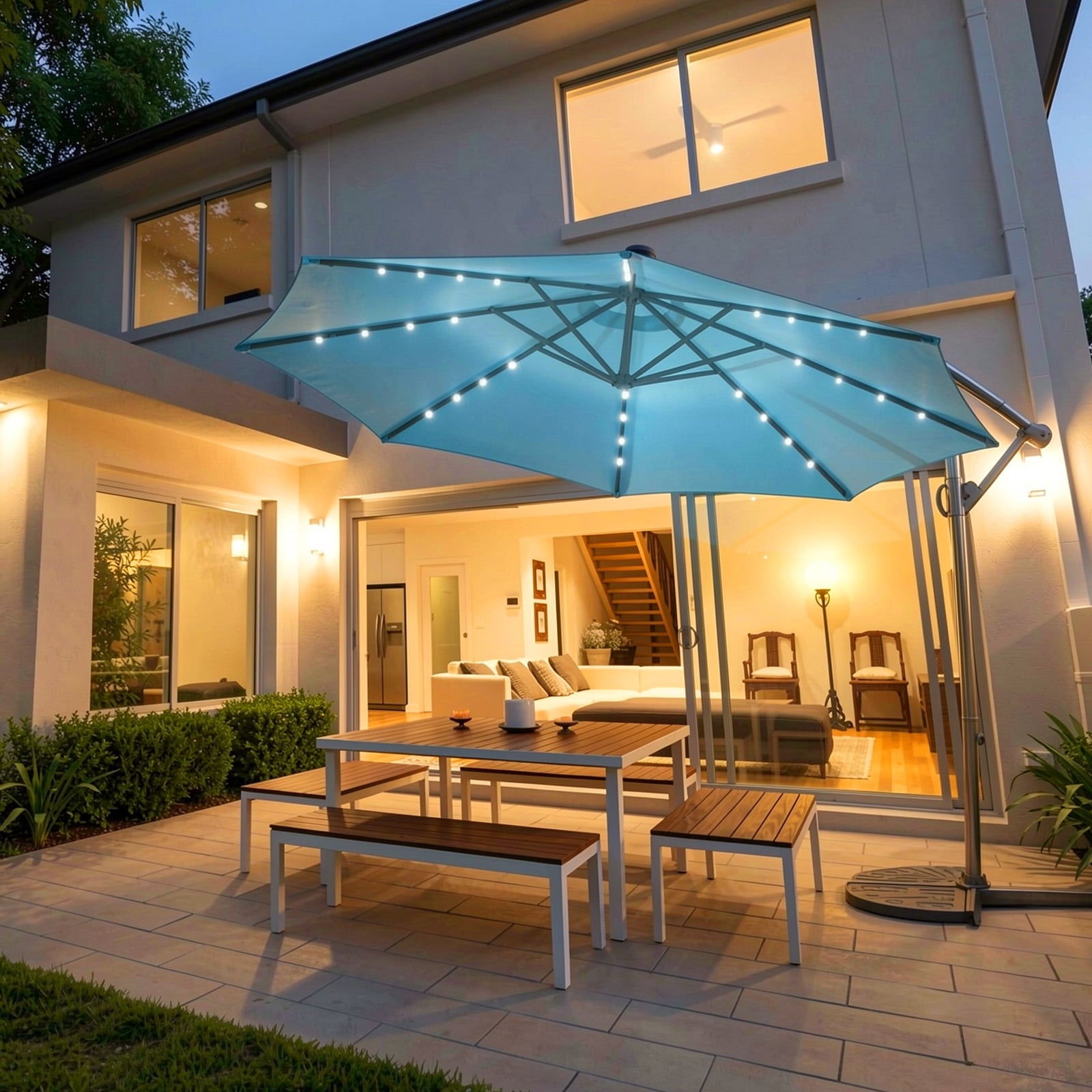 Biotree 10FT 360¡ã Rotation Solar Powered LED Patio Offset Umbrella-Turquoise Outdoor Backyard Hanging