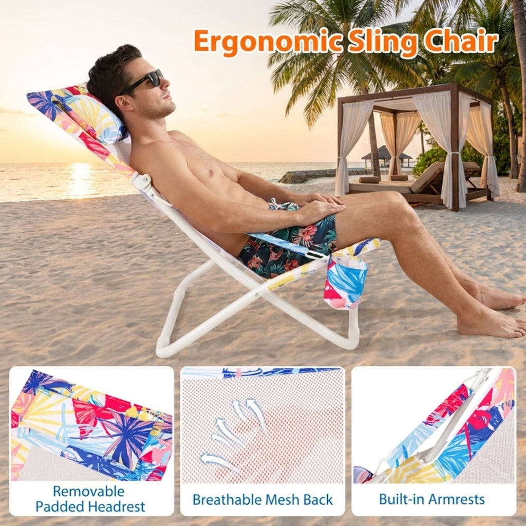 Biotree Folding Low Beach Chair Set of 2 Patio Sling Chairs with Padded Head Pillow Stackable Patio Chair for Garden BackyardPink