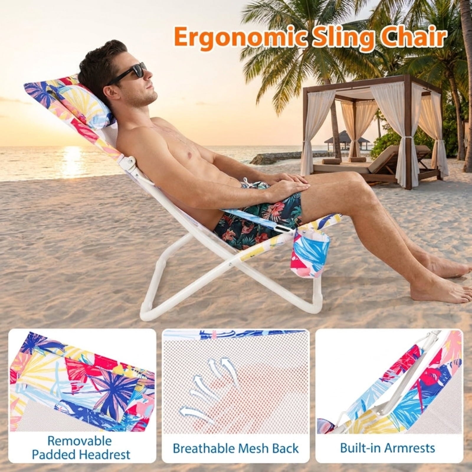 Biotree Folding Low Beach Chair Set of 2 Patio Sling Chairs with Padded Head Pillow Stackable Patio Chair for Garden BackyardPink