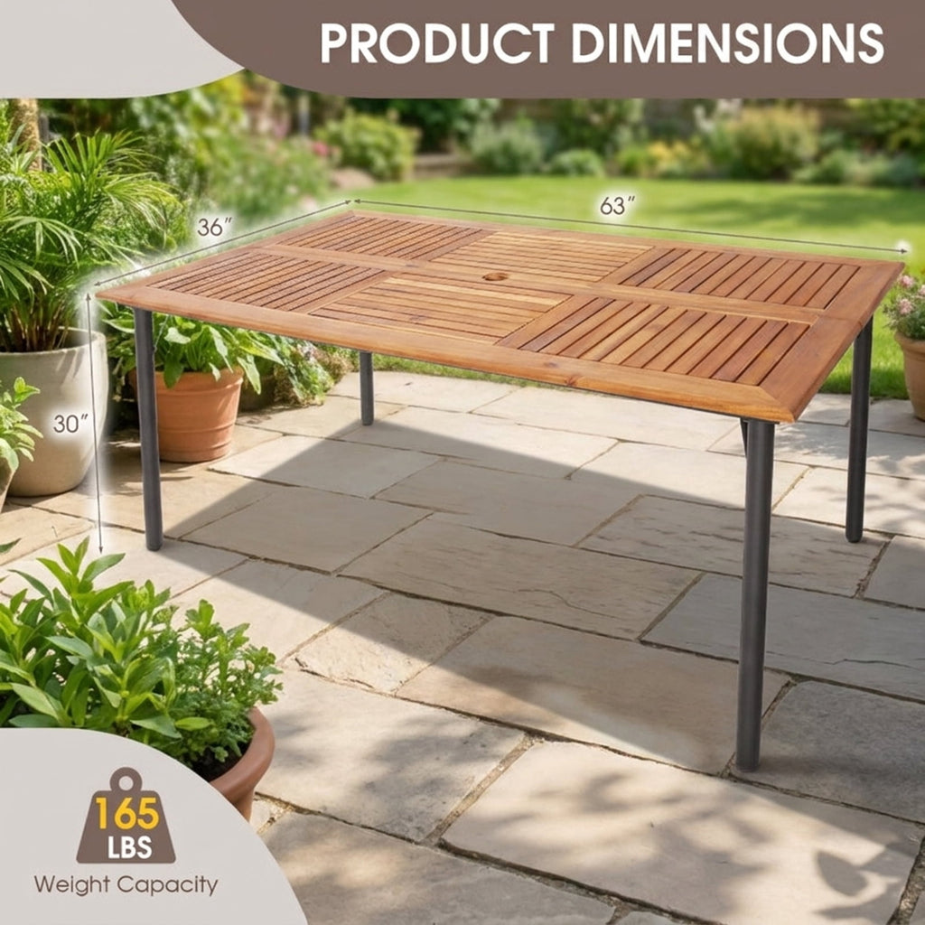 Biotree 63-Inch Patio Acacia Wood Dining Table with Umbrella Hole and Metal Legs, Black