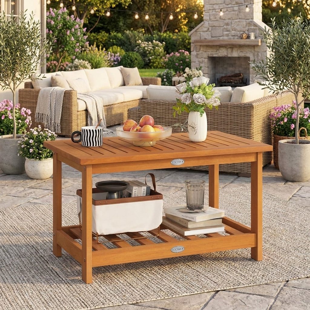 Biotree Patio Acacia Wood Coffee Table 2-Tier Rectangular Center Table, Natural