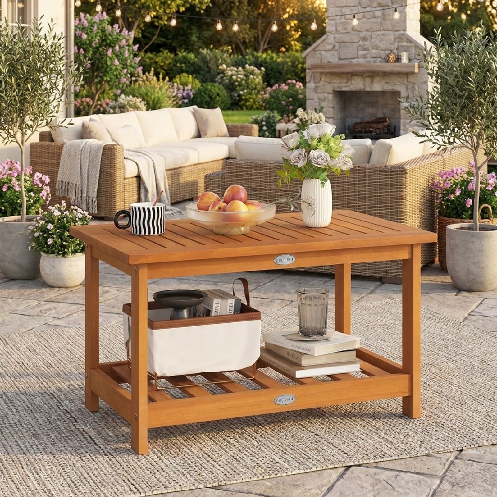 Biotree Patio Acacia Wood Coffee Table 2-Tier Rectangular Center Table, Natural