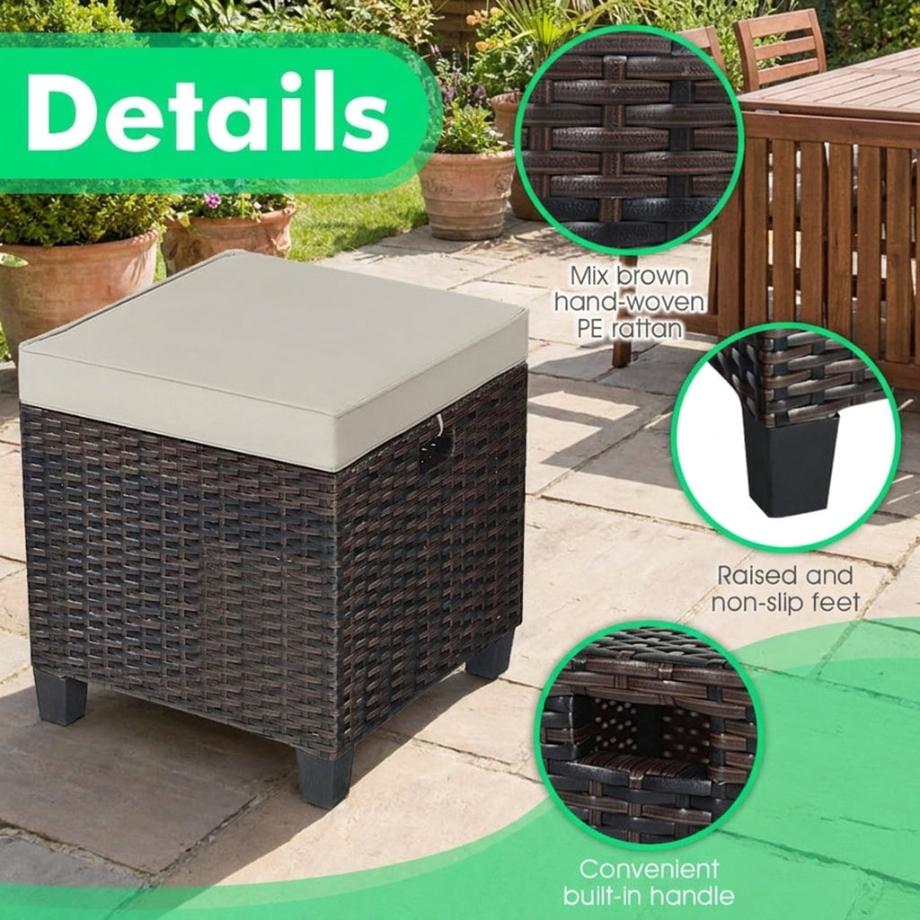 Biotree 2 Pieces Patio Rattan Ottoman Set with Removable Cushions Stackable Patio Chair for Garden BackyardBeige