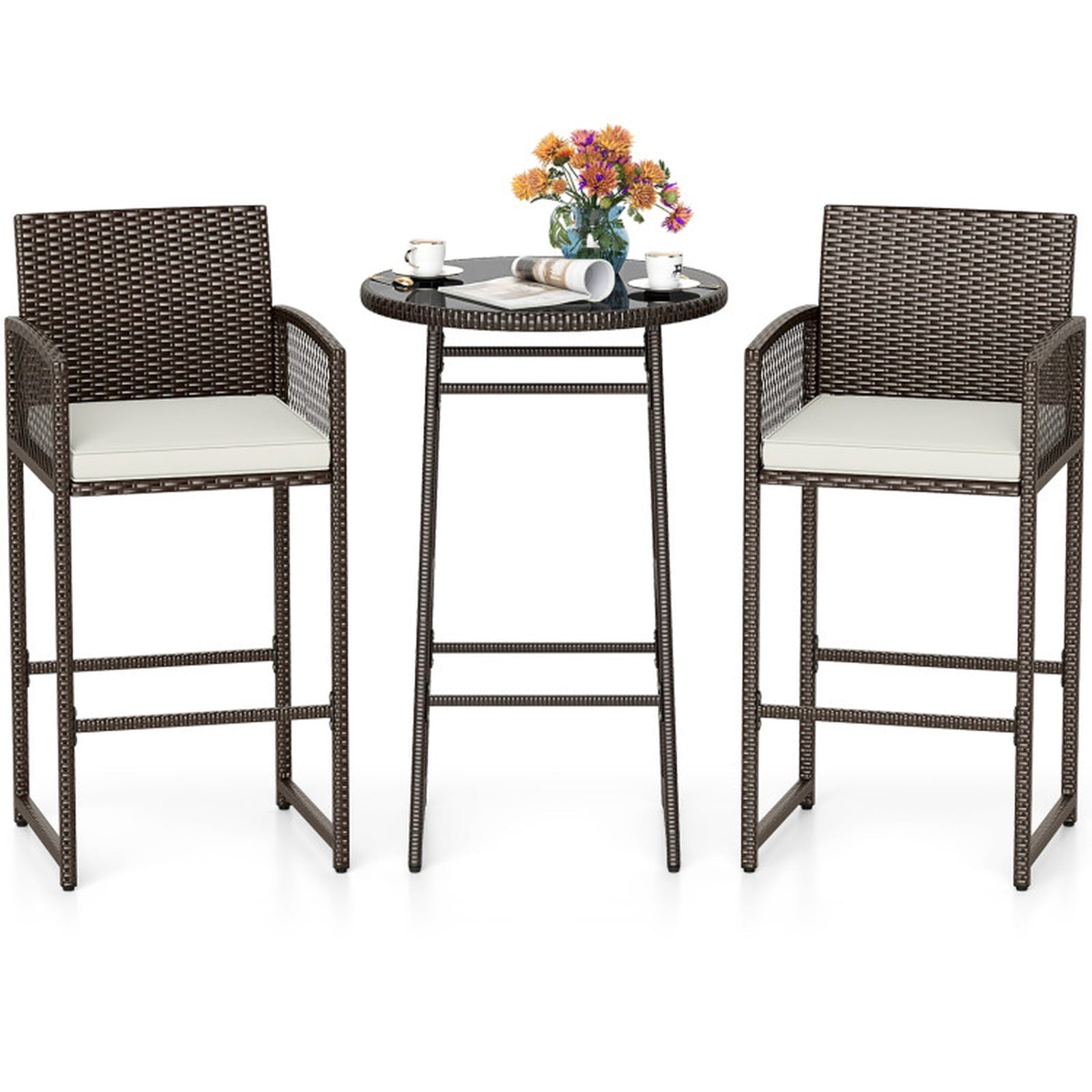 Biotree 3-Piece Patio Bar Set with Round Glass Table and Rattan Armchairs, White - Outdoor Patio Bar Height Furniture Set for Deck Garden