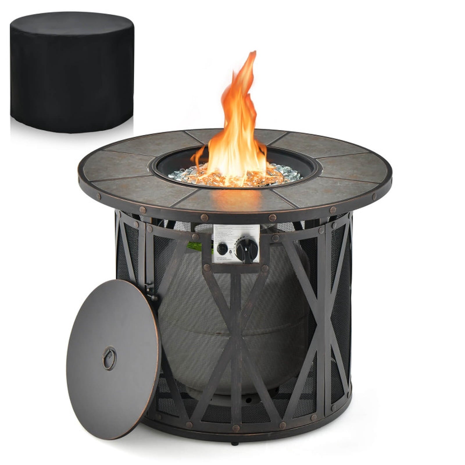Biotree 32 Inch 30000BTU Fire Pit Table with Fire Glasses and PVC Cover for Outdoor Patio Backyard Garden Camping, Black Gray