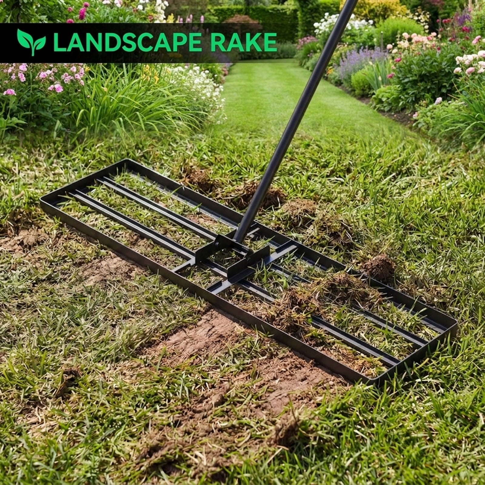Biotree 42 x 10 Inch Lawn Leveling Rake with Ergonomic Handle for Lawn Garden Yard Soil Care, Black