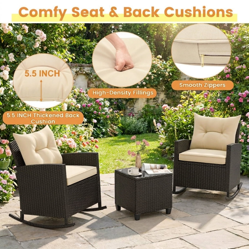 Biotree 3-Piece Patio Rattan Roker Chairs with Tempered Glass Table and Soft Cushions Outdoor Conversation Set for Garden Backyard PorchBeige